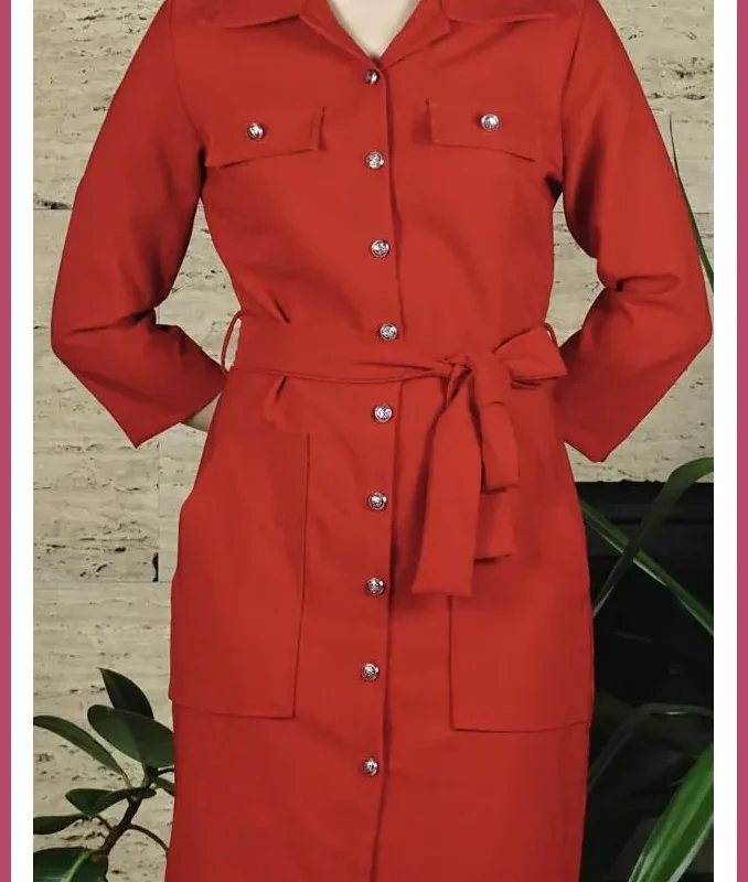 Női elegáns gombos ruha, piros noikezitaska-hu 1